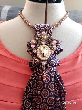 Statement Necktie Necklace with Handcrafted Brooch